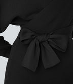 Robe-pull courte décontractée à col V croisé, manches chauve-souris longues et ceinture