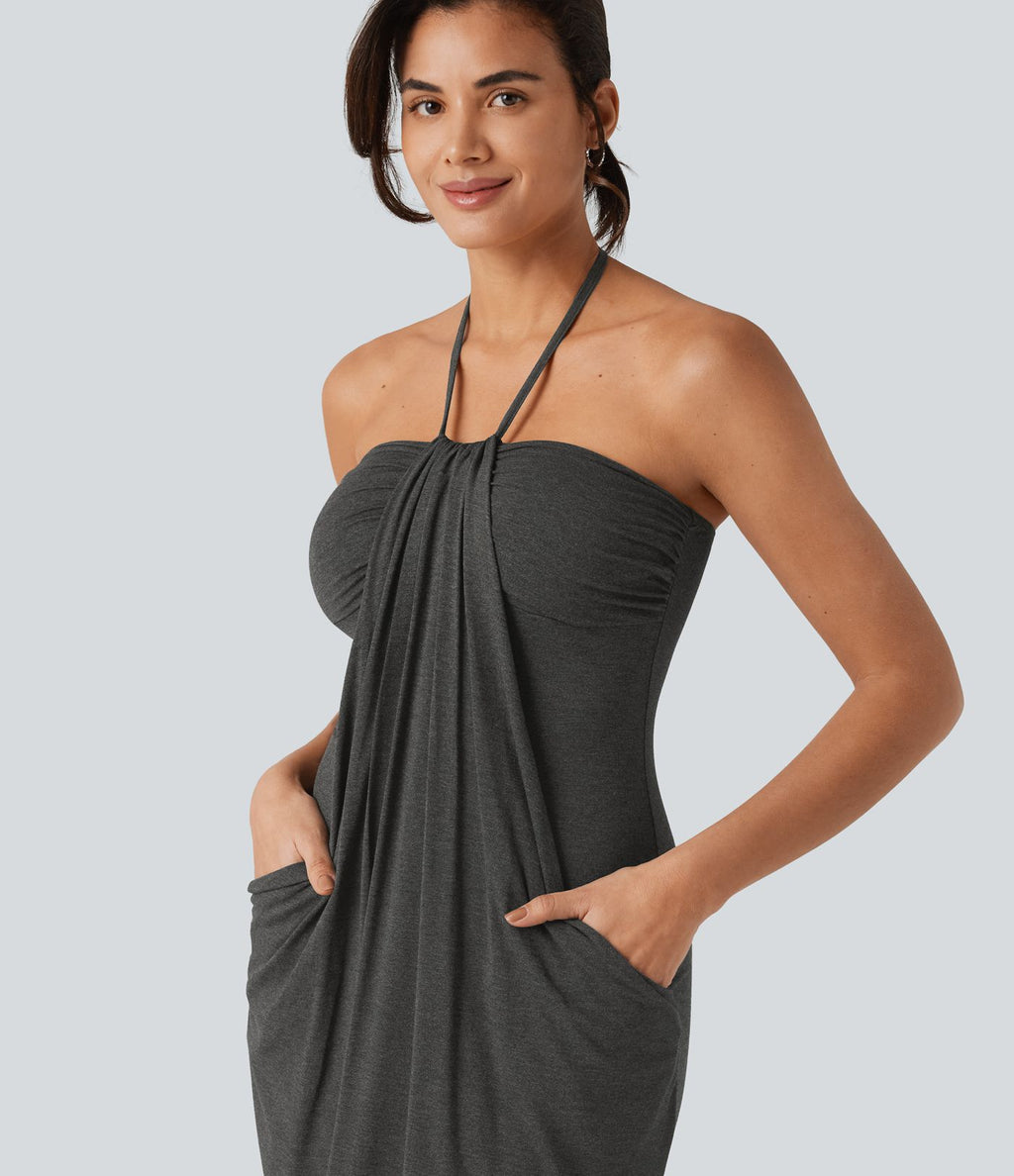 Robe resort mini dos nu à col licou avec lien noué dans le dos et poches