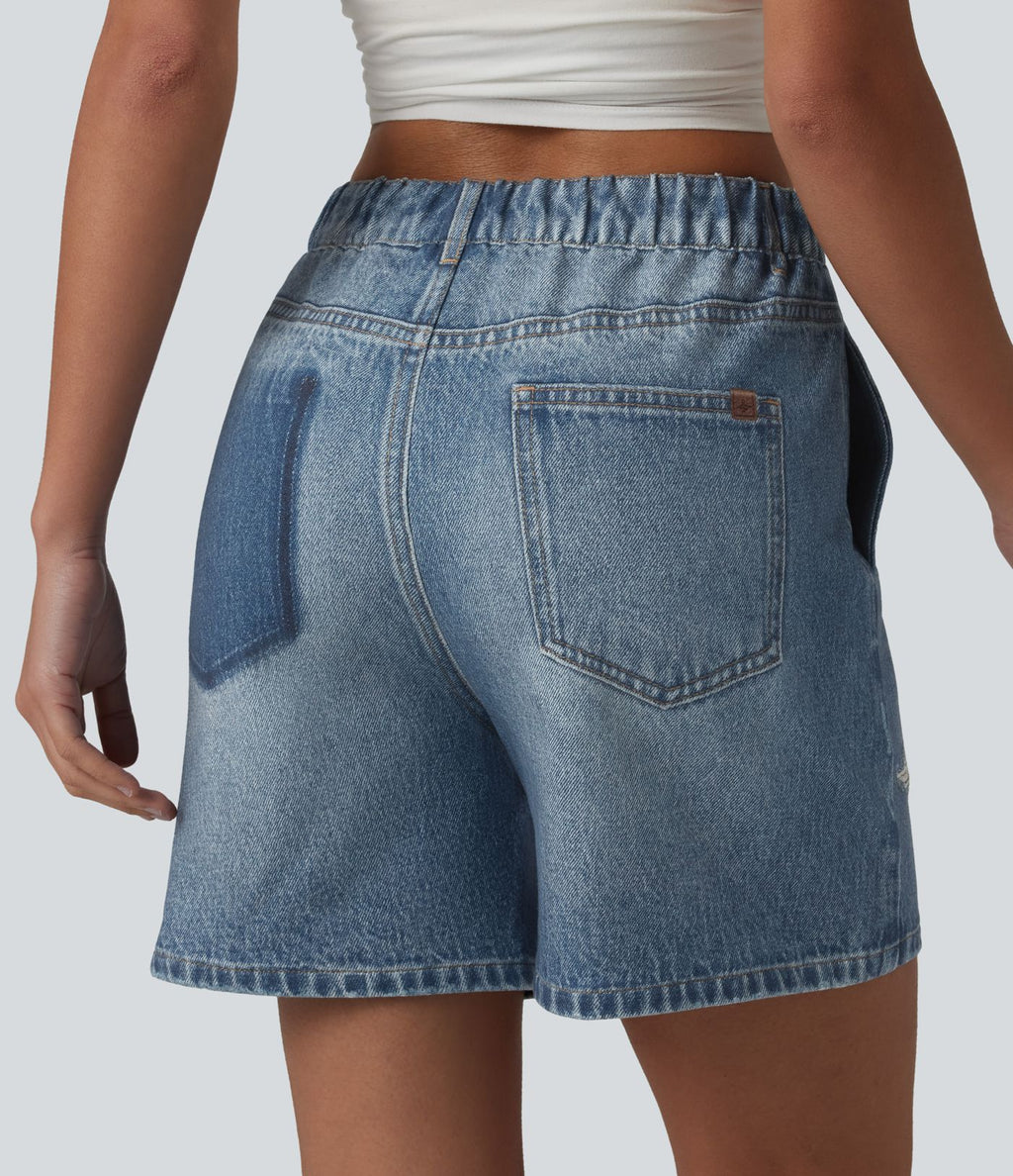 Short casual en molleton imprimé denim taille mi-haute 12,5 cm avec poches