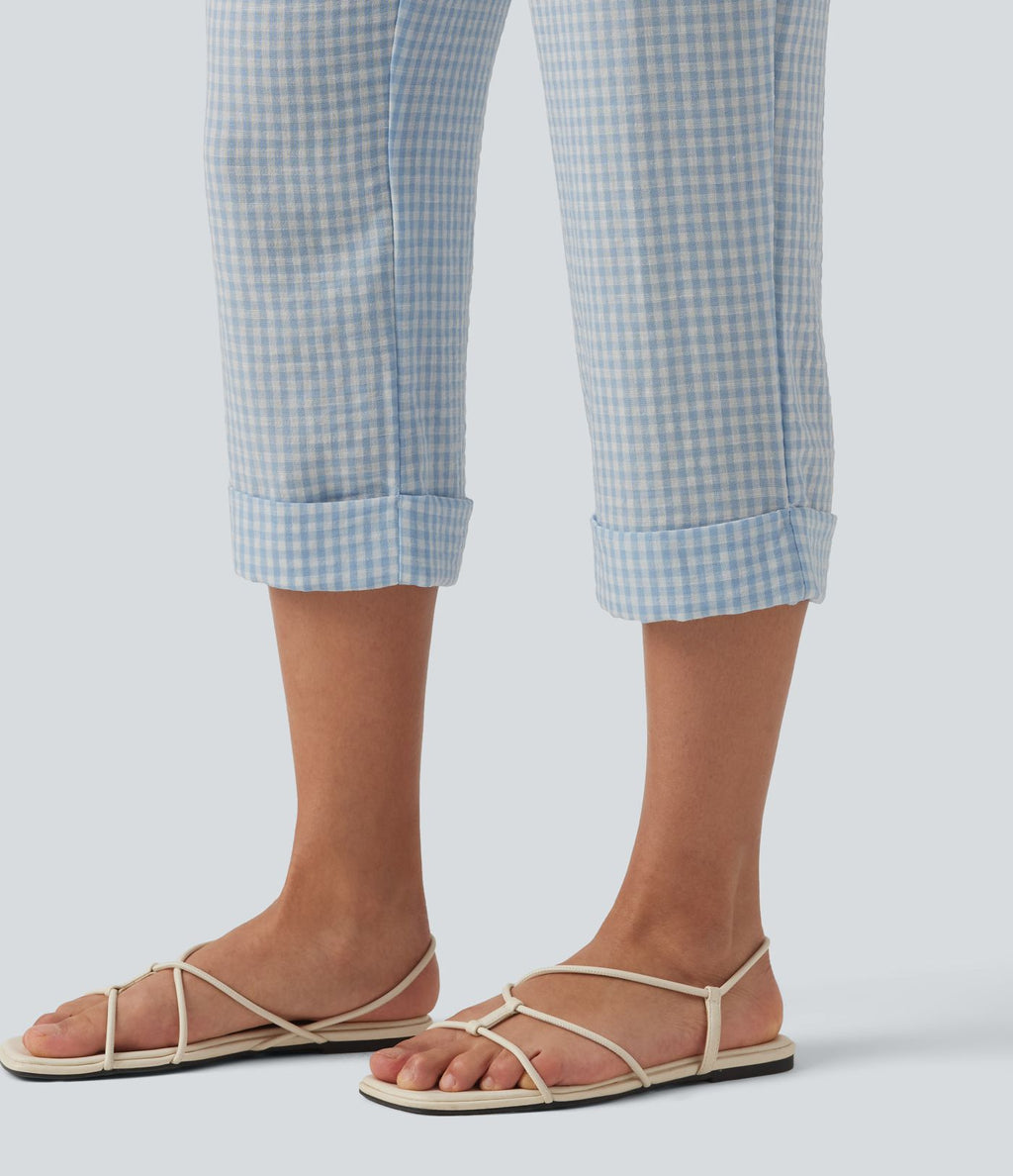 Pantalon 7/8 décontracté aspect lin à carreaux taille haute avec poches