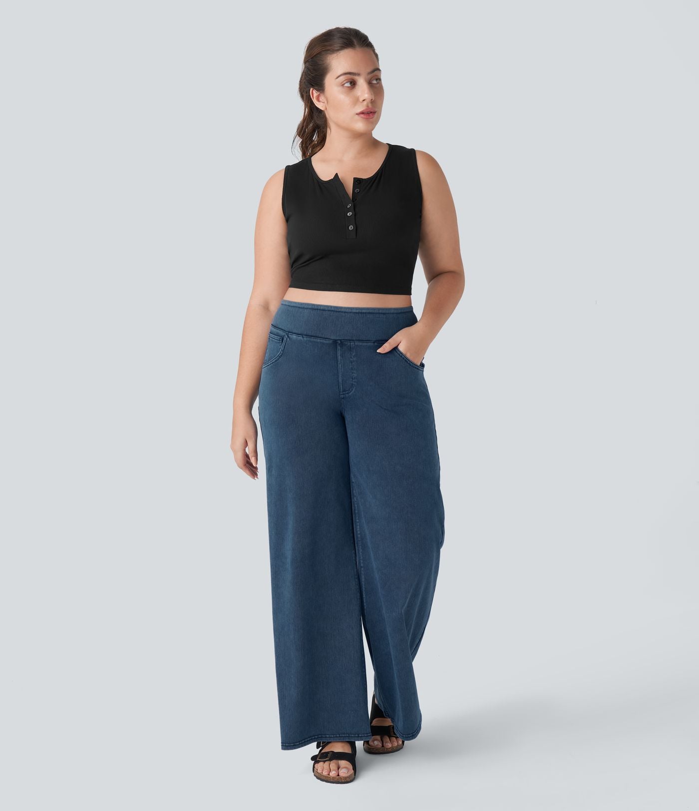 Halara Flex™ High Waisted Multiple Pockets Wide Leg Loose Stretchy Knit Casual Plus Size Jeans