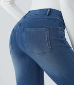 HalaraMagic™ Jean 7/8 Travail en Tricot Extensible Lavé à Jambes Droites et Poches Multiples à Taille Mi-Haute
