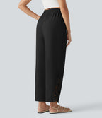 Pantalon large fluide décontracté taille haute à cordon de serrage en lyocell mélangé lin avec poches