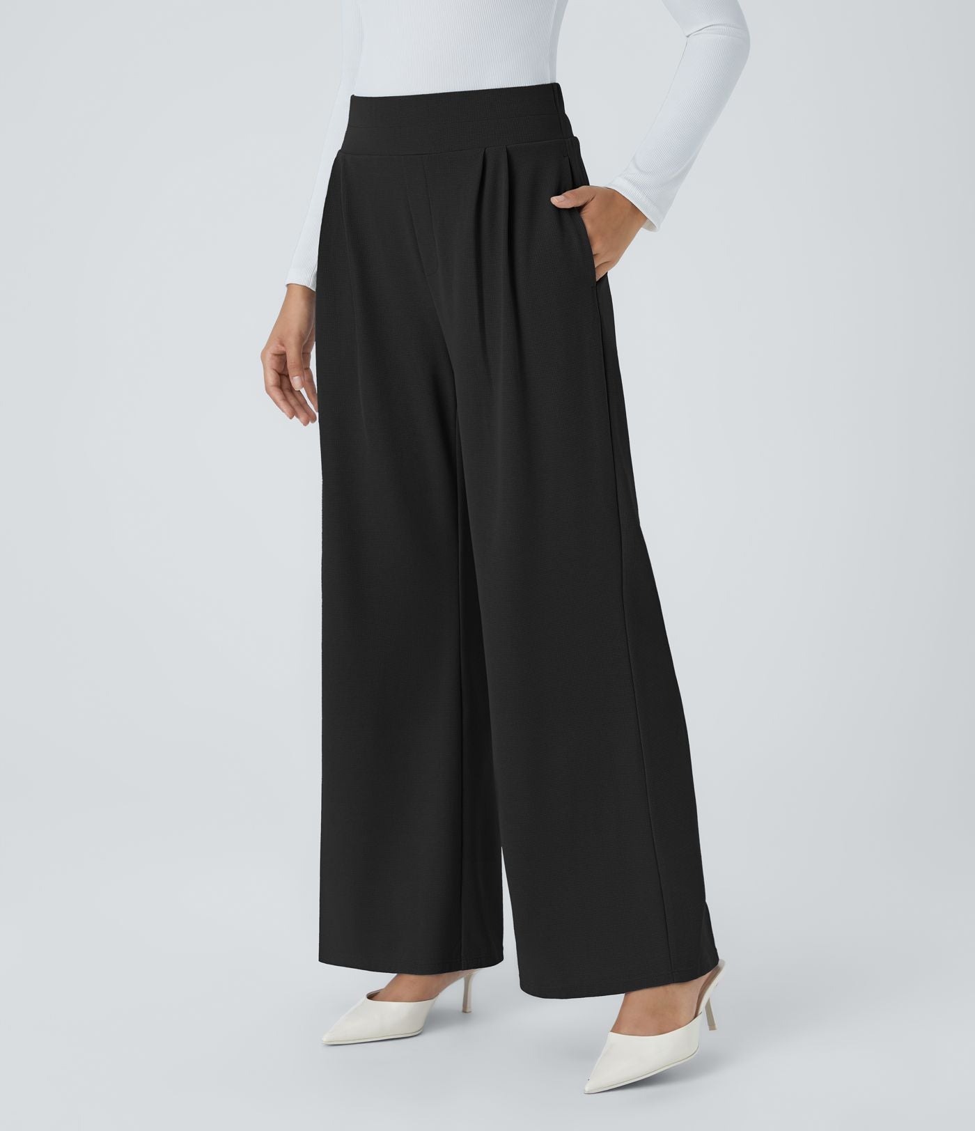 Halara Flex™ Pantalon Tailleur en Tissu Gaufré Taille Haute avec Large Ceinture Plis Poches Latérales Jambes Larges