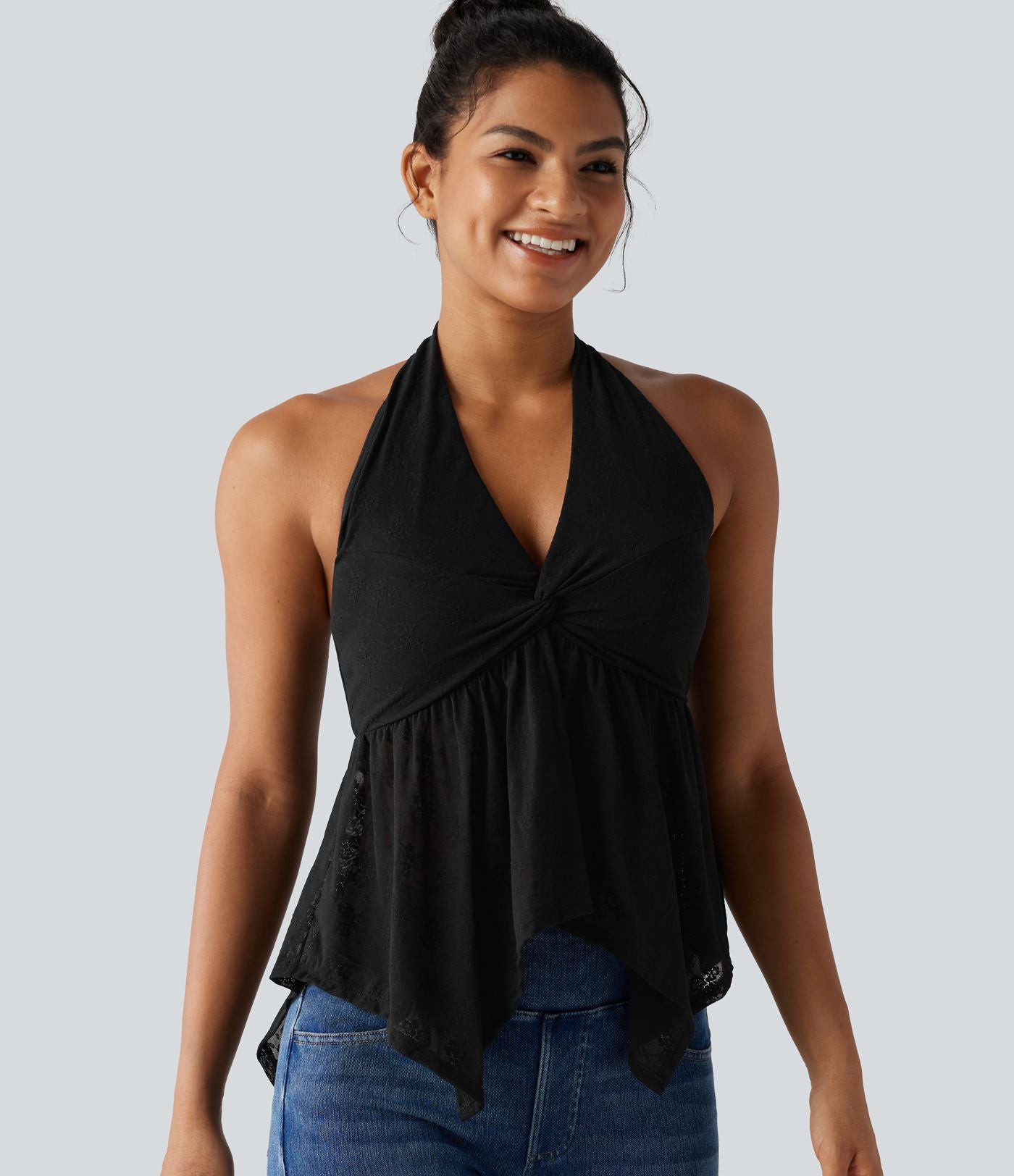 Chemisier casual en dentelle dos nu ourlet à volants avec brassière intégrée