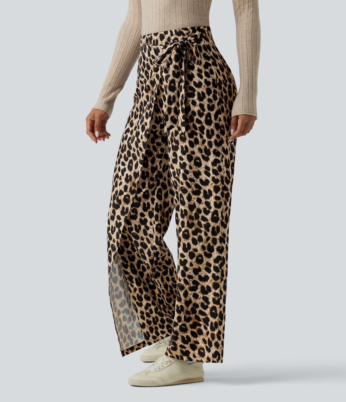 Pantalon tailleur large taille haute imprimé léopard avec liens latéraux