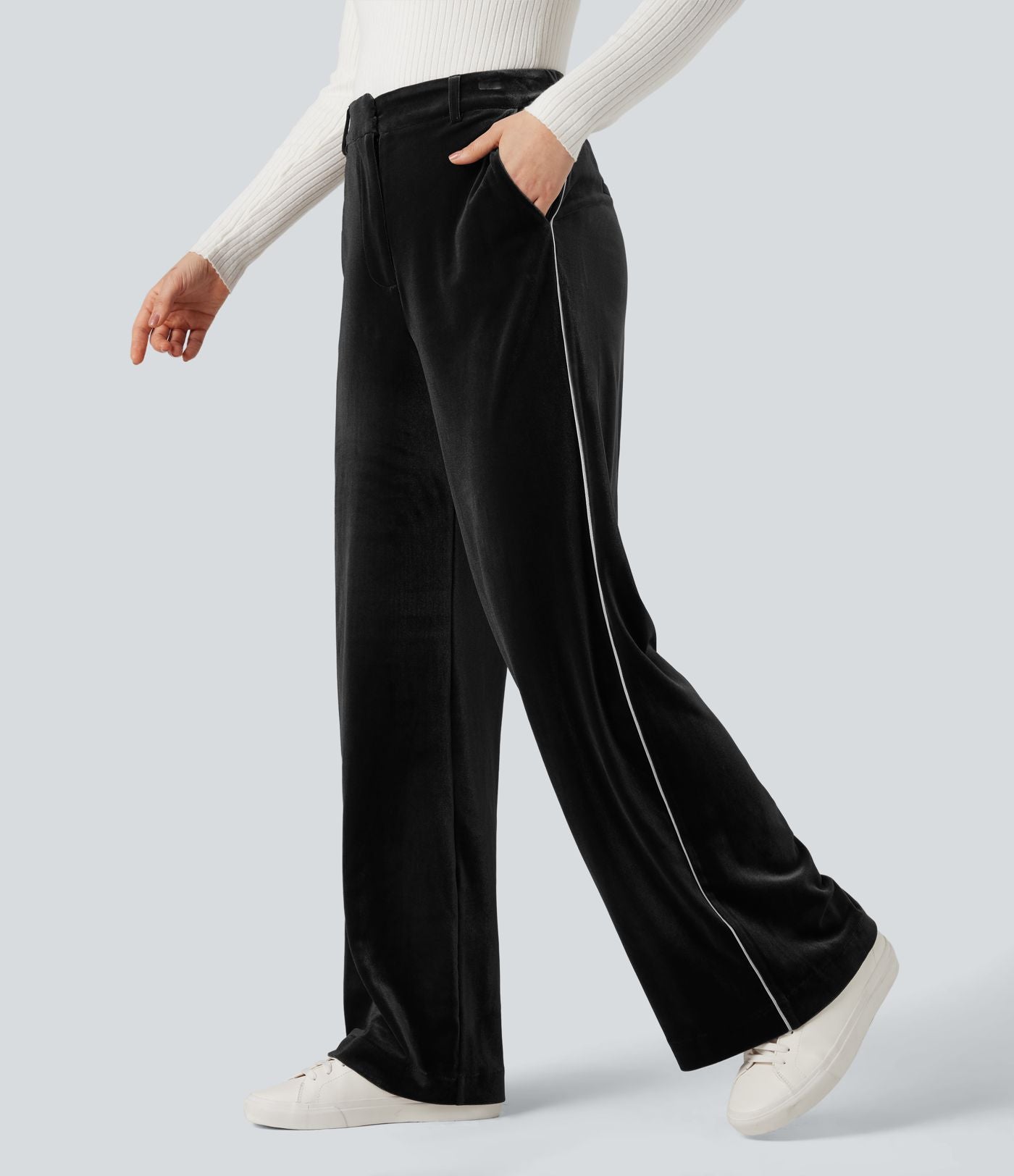 Pantalon velours color block coupe droite taille haute avec poches