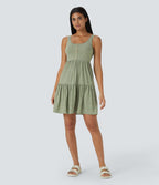 Robe Mini Vacance Fluide à Encolure en U Dos Nu avec Boutons Ourlet Volanté Plissé