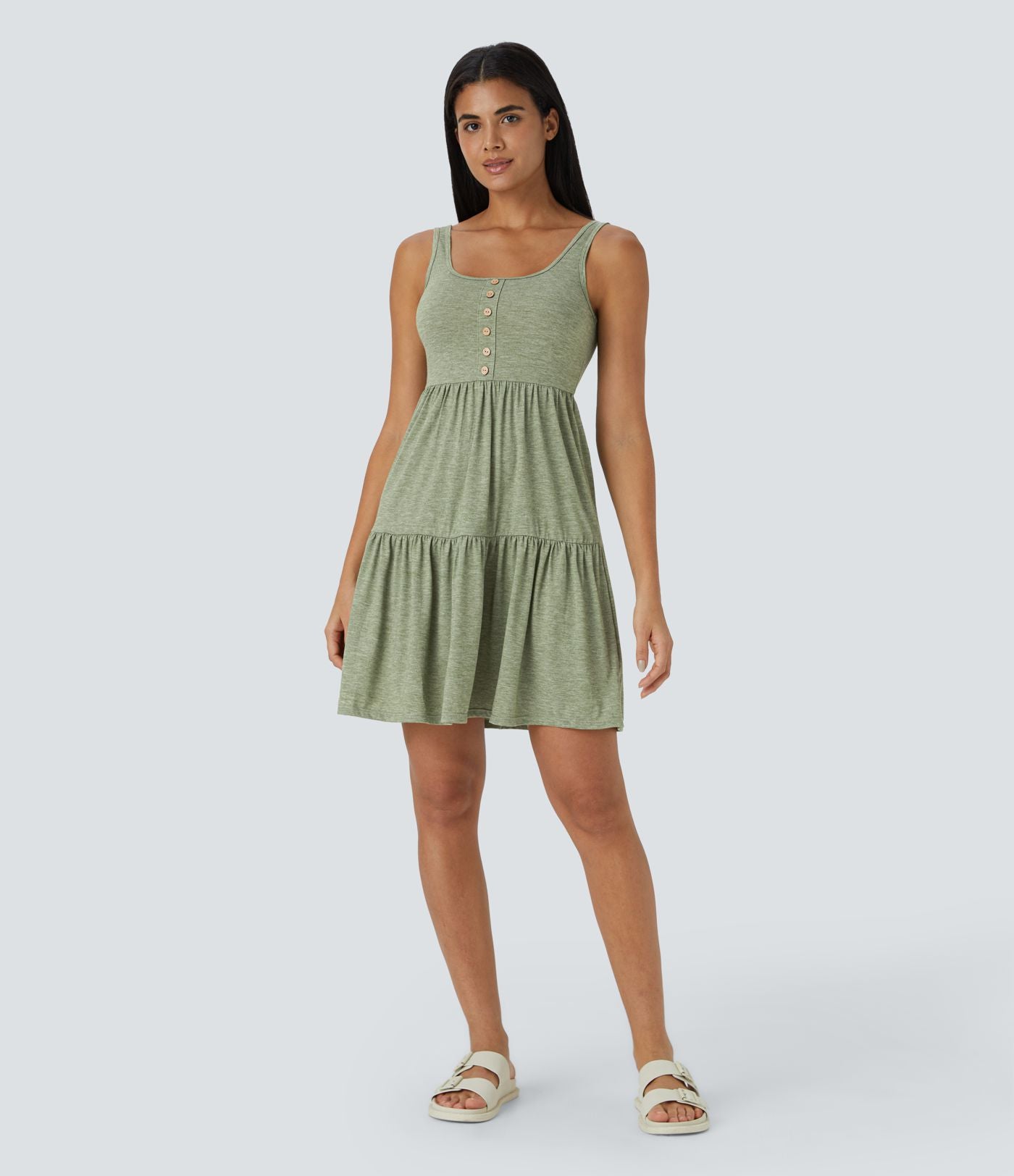 Robe Mini Vacance Fluide à Encolure en U Dos Nu avec Boutons Ourlet Volanté Plissé