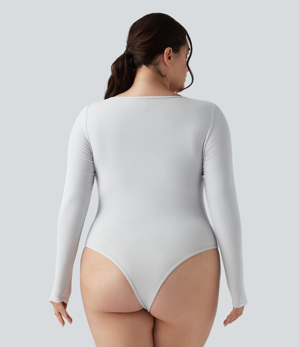 Body grande taille maille côtelée col carré manches longues ajusté