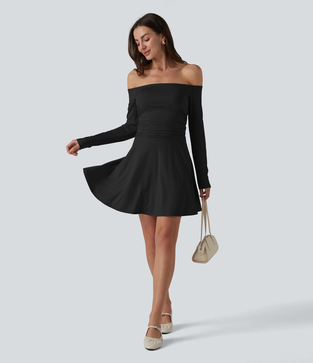 Robe décontractée 2-en-1, épaules dénudées, manches longues, fronces, brassière intégrée, à poche — Easy Peasy