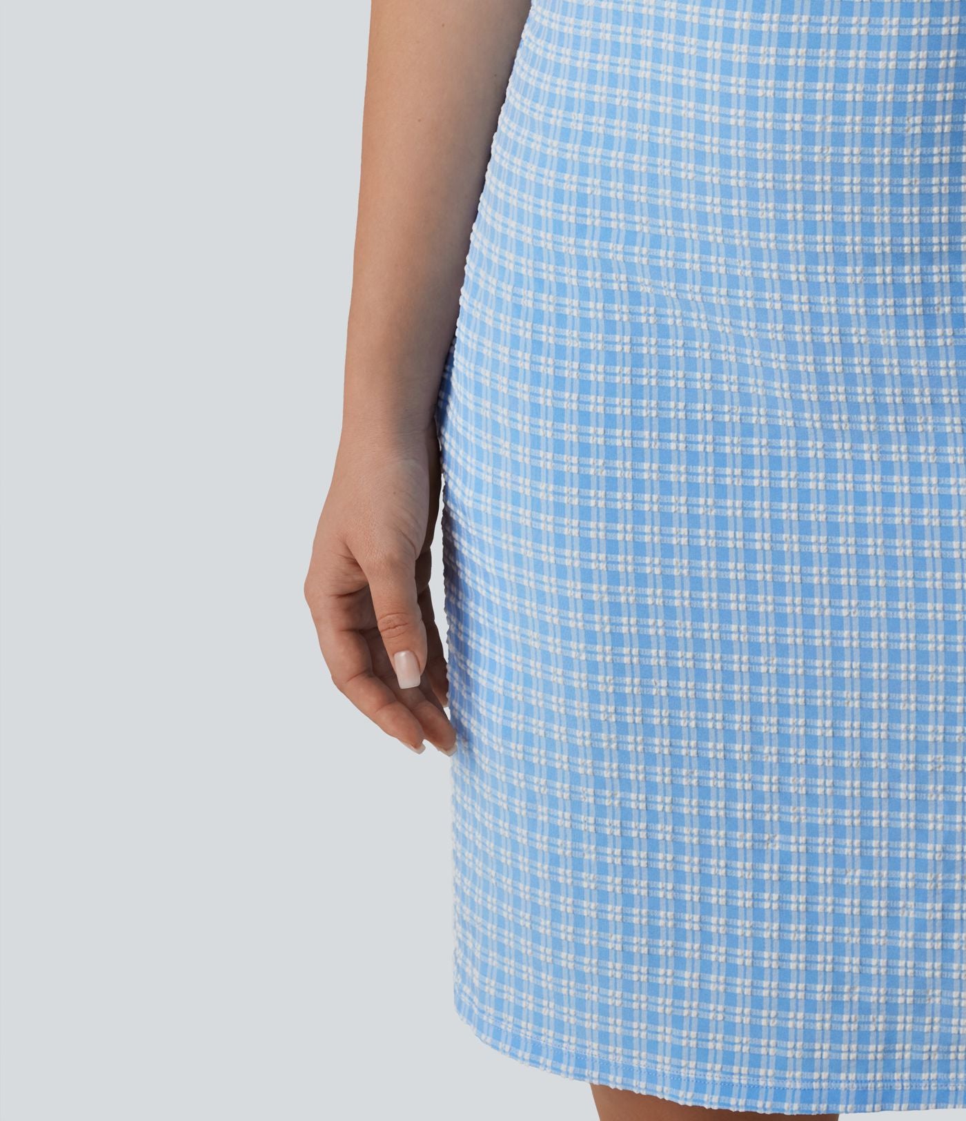 Robe mini casual sans manches col bateau à carreaux vichy, avec poches