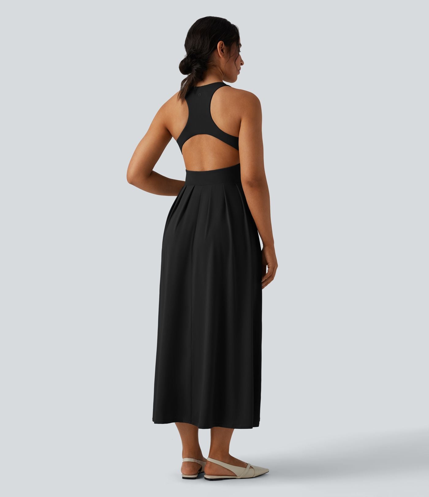 Robe midi décontractée col rond dos nageur avec poches