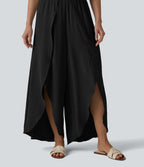 Pantalon large fluide décontracté taille haute aspect lin