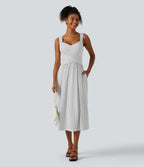 Robe midi casual fluide à pois sans manches dos nu avec brassière intégrée croisée et poches - Bonnets DD-F