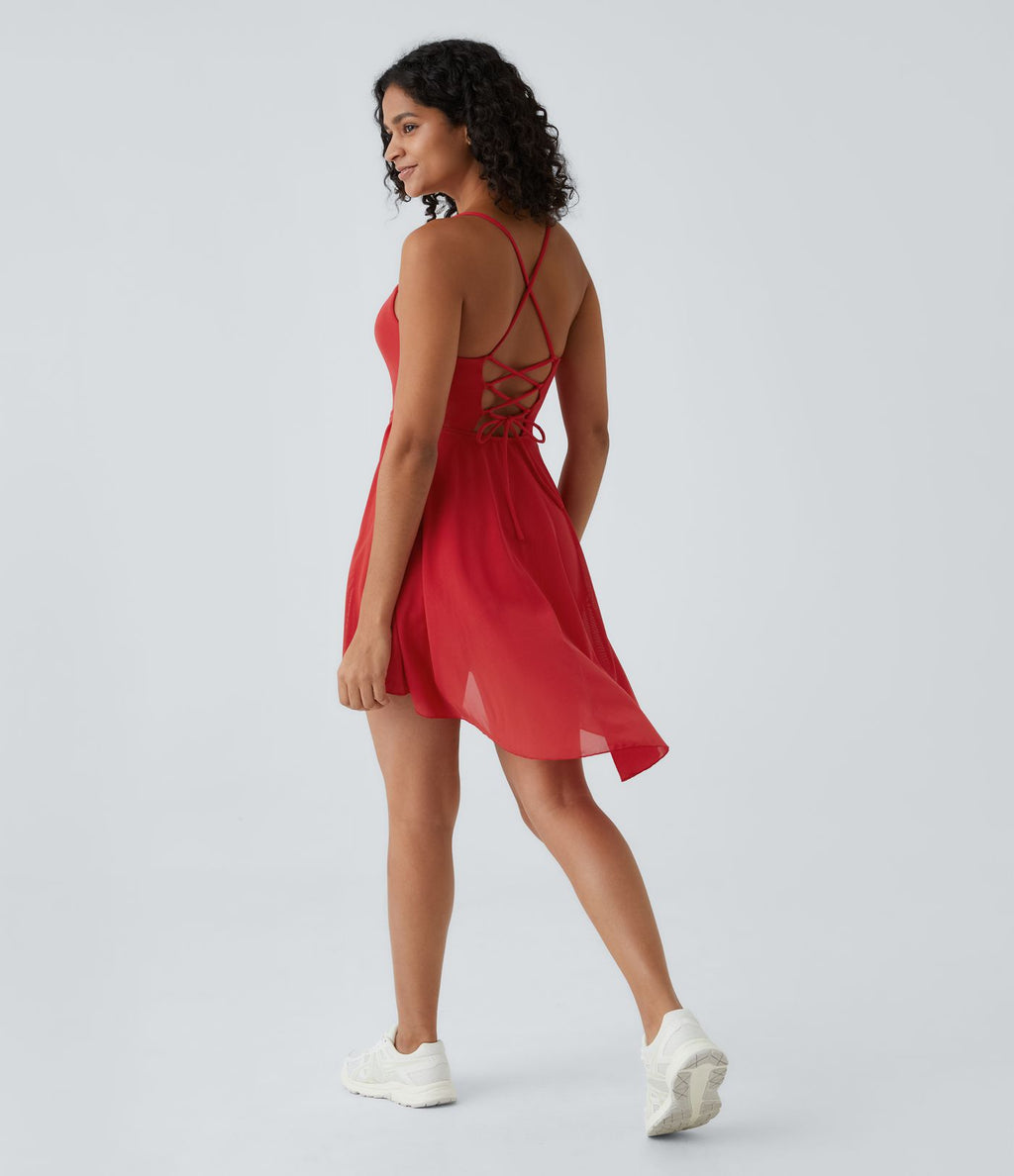 Robe de sport danse mini 2-en-1 laçage asymétrique résille contrastante fluide avec poche A-D