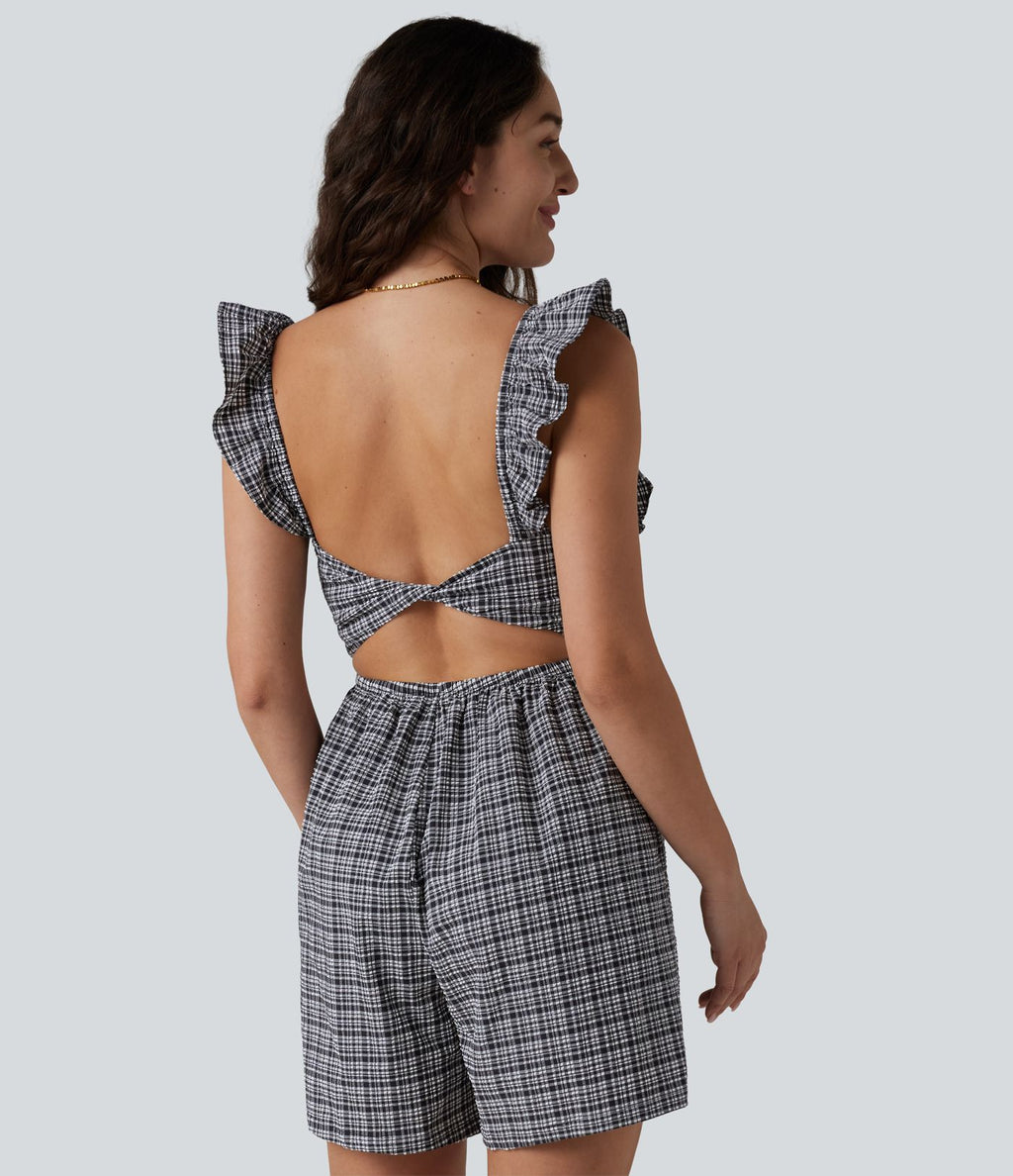 Combinaison short décontractée dos nu torsadé à volants carreaux froissés avec poches, séchage rapide - Easy Peasy