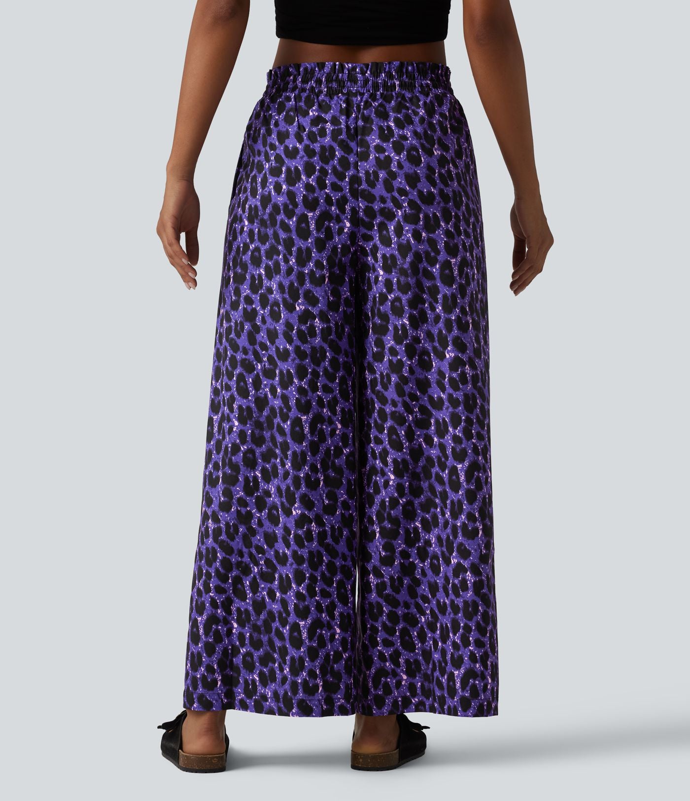 Pantalon large et fluide à imprimé léopard, taille haute avec cordon de serrage et poches latérales