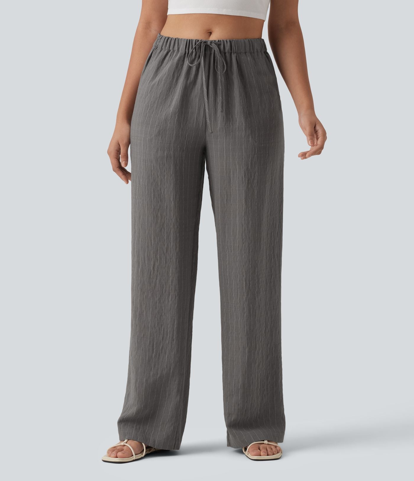 Pantalon large fluide décontracté en lin mélangé à rayures taille mi-haute avec cordon de serrage et poches