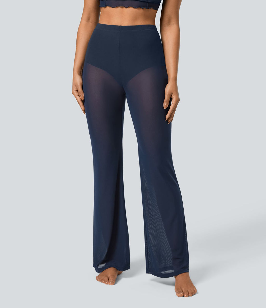 Pantalon Évasé de Danse 2 en 1 en Maille Transparente Taille Haute