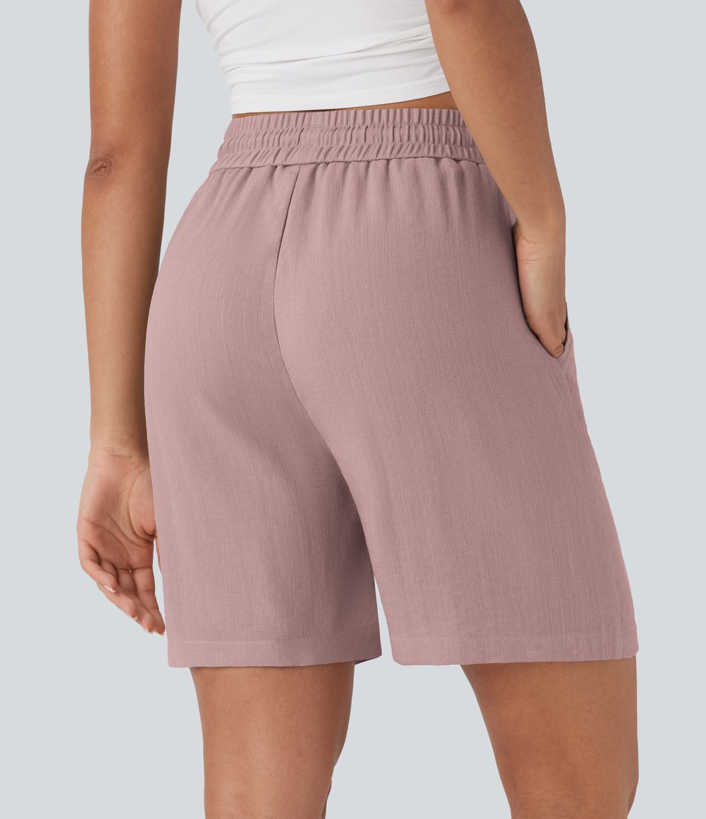 Short décontracté effet lin taille haute avec cordon de serrage et poches latérales