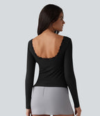 Haut casual en maille côtelée à manches longues, col rond échancré, dos en U, dentelle contrastée et soutien-gorge intégré