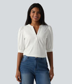 Blouse décontractée col Henley manches bouffantes mi-longues