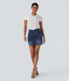 Halara Flex™ Jupe en Jean courte en maille extensible délavée à taille haute croisée avec poches multiples
