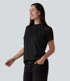 Blouse décontractée col rond manches raglan courtes avec empiècement en mesh contrasté