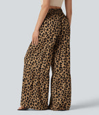 Pantalon ample décontracté taille mi-haute avec nœud devant imprimé léopard avec poches