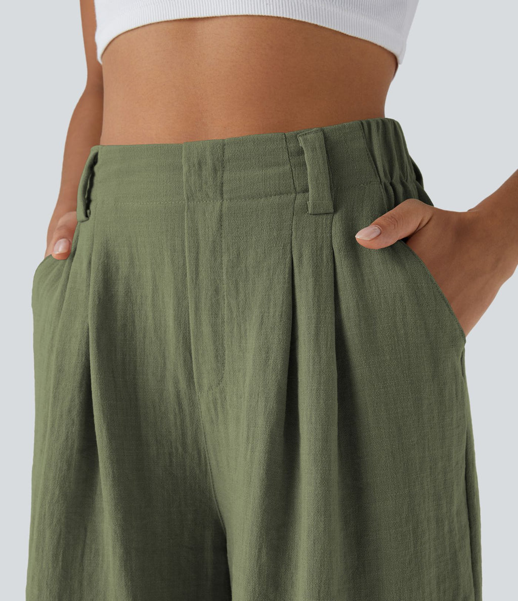 Bermuda Large Fluide Taille Haute avec Plis et Poches Latérales en Lin Synthétique