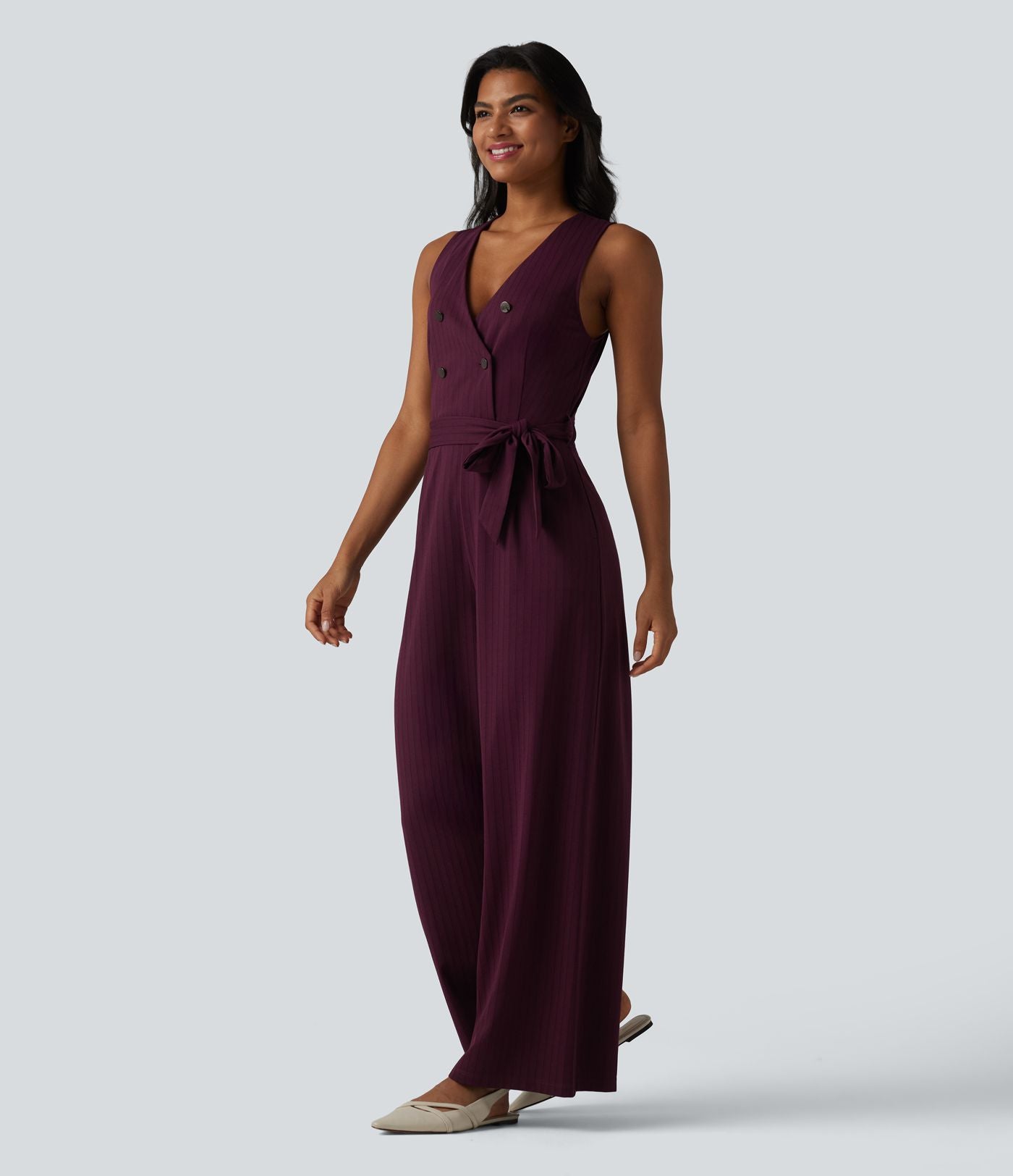 Combinaison tailleur sans manches à col V, ceinturée, avec zip invisible, rayures et effet frais avec poches, accès facile Easy Peasy