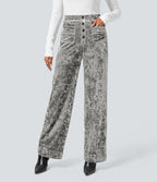 Pantalon en Velours Taille Haute avec Bouton Multipoches Droites