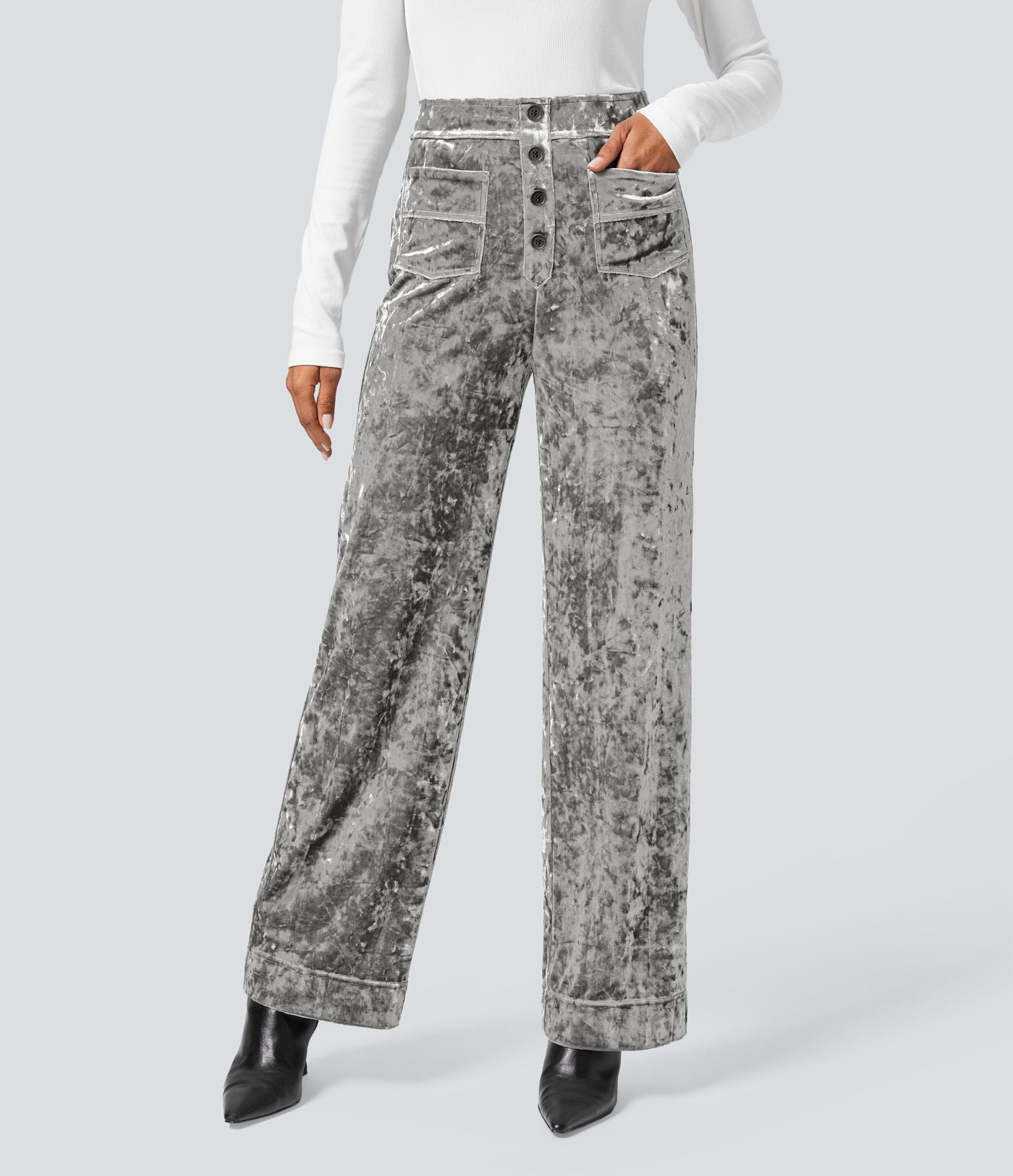 Pantalon en Velours Taille Haute avec Bouton Multipoches Droites