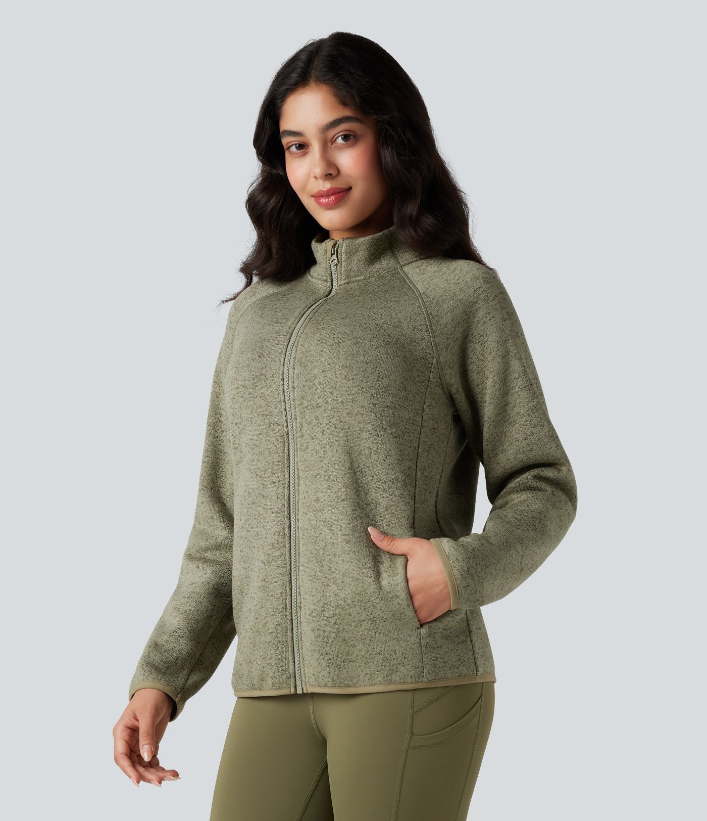 Veste polaire de randonnée chiné col montant manches longues avec fermeture éclair et poches