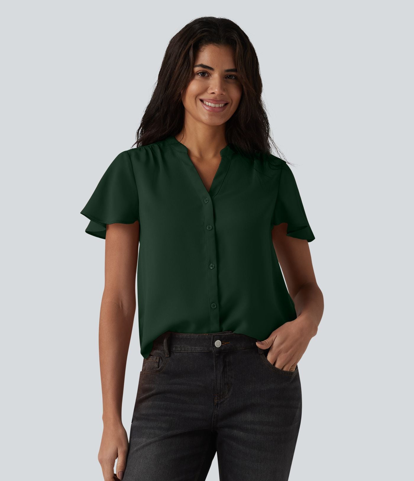 Blouse casual col V à manches volantées et ourlet arrondi