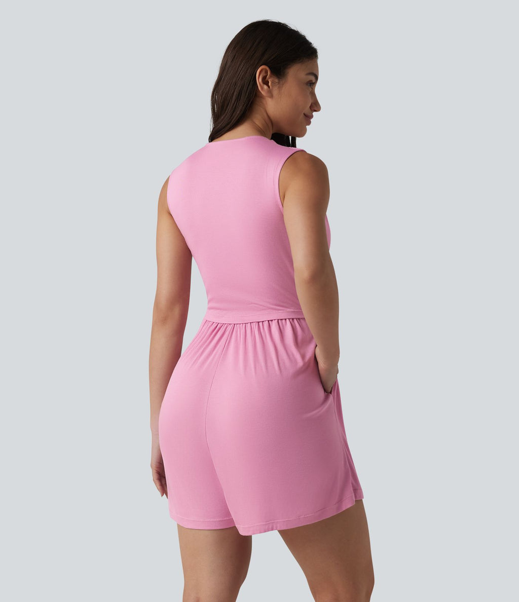 Combishort casual côtelé sans manches col V, fronces et soutien-gorge intégré, avec poches – Easy Peasy