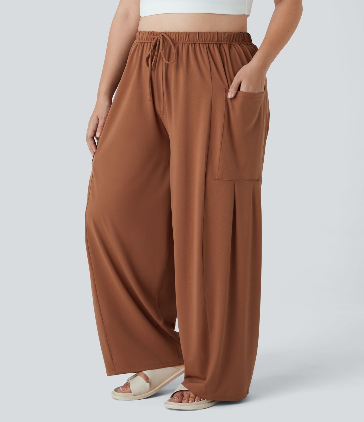Pantalon Large Casual Taille Mi-Haute Taille Élastique Cordon Poches Latérales Ourlet Flottant Grande Taille
