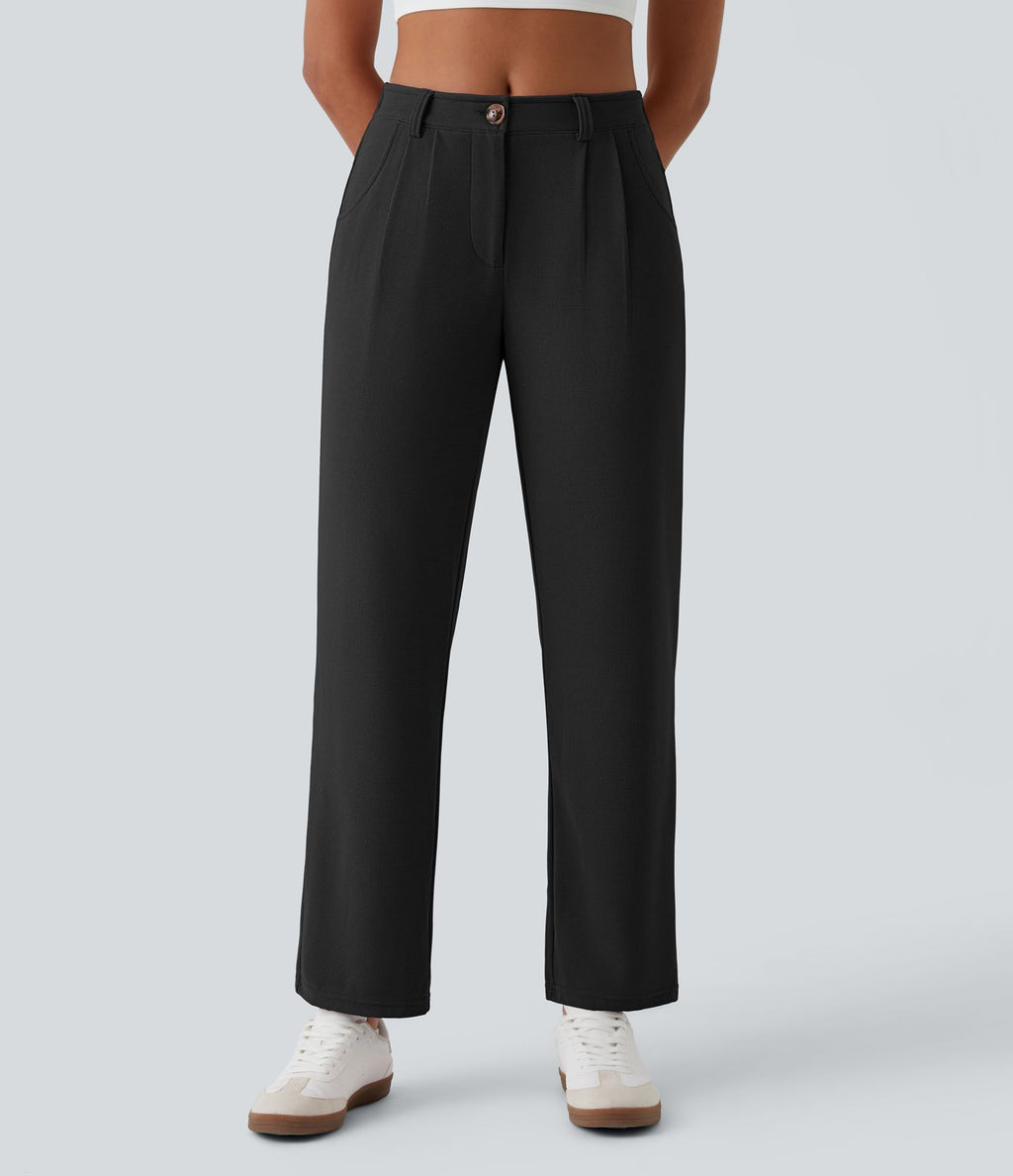Pantalon casual taille mi-haute en maille gaufrée avec poche zippée