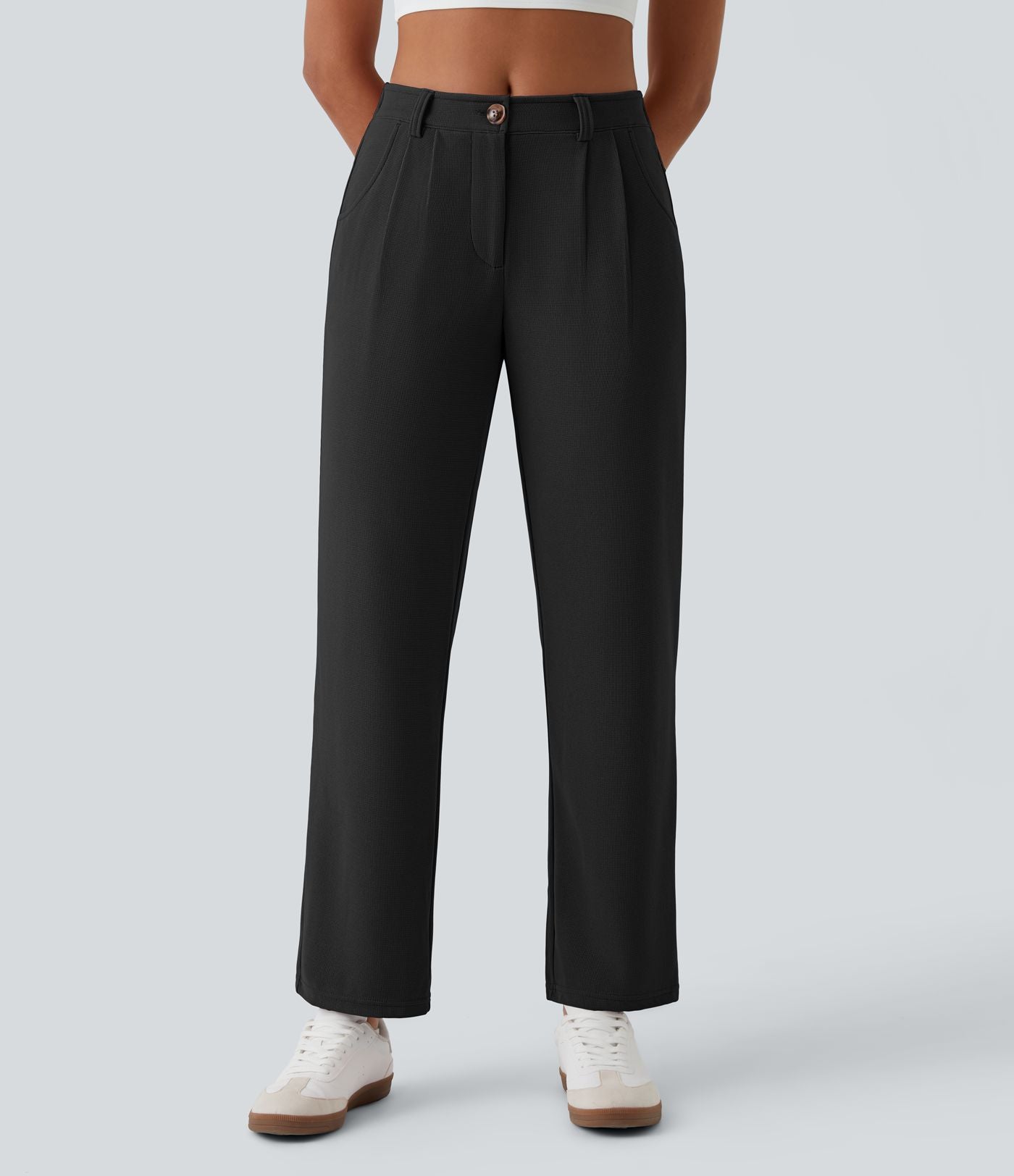 Pantalon casual taille mi-haute en maille gaufrée avec poche zippée