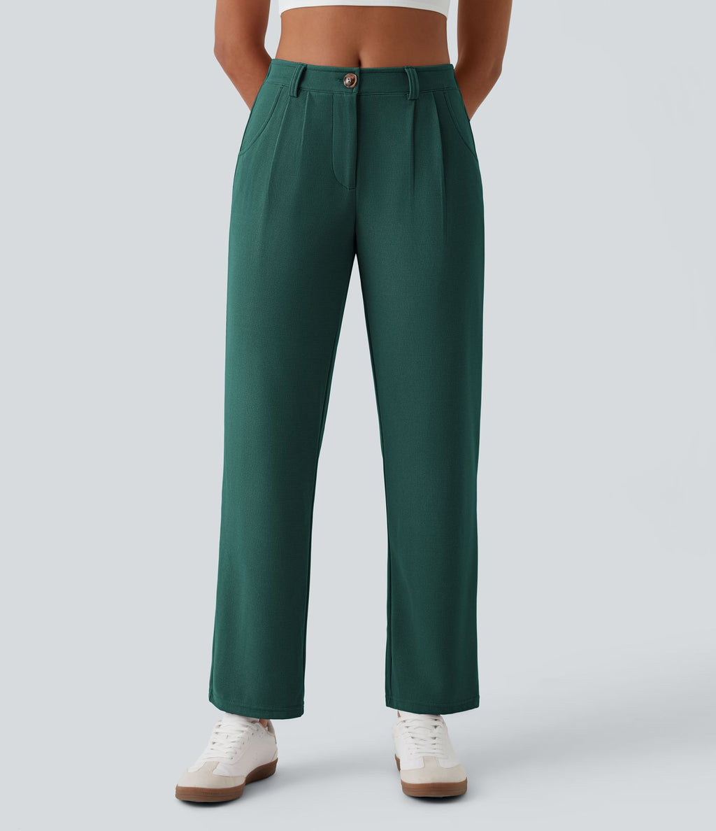Pantalon casual taille mi-haute en maille gaufrée avec poche zippée