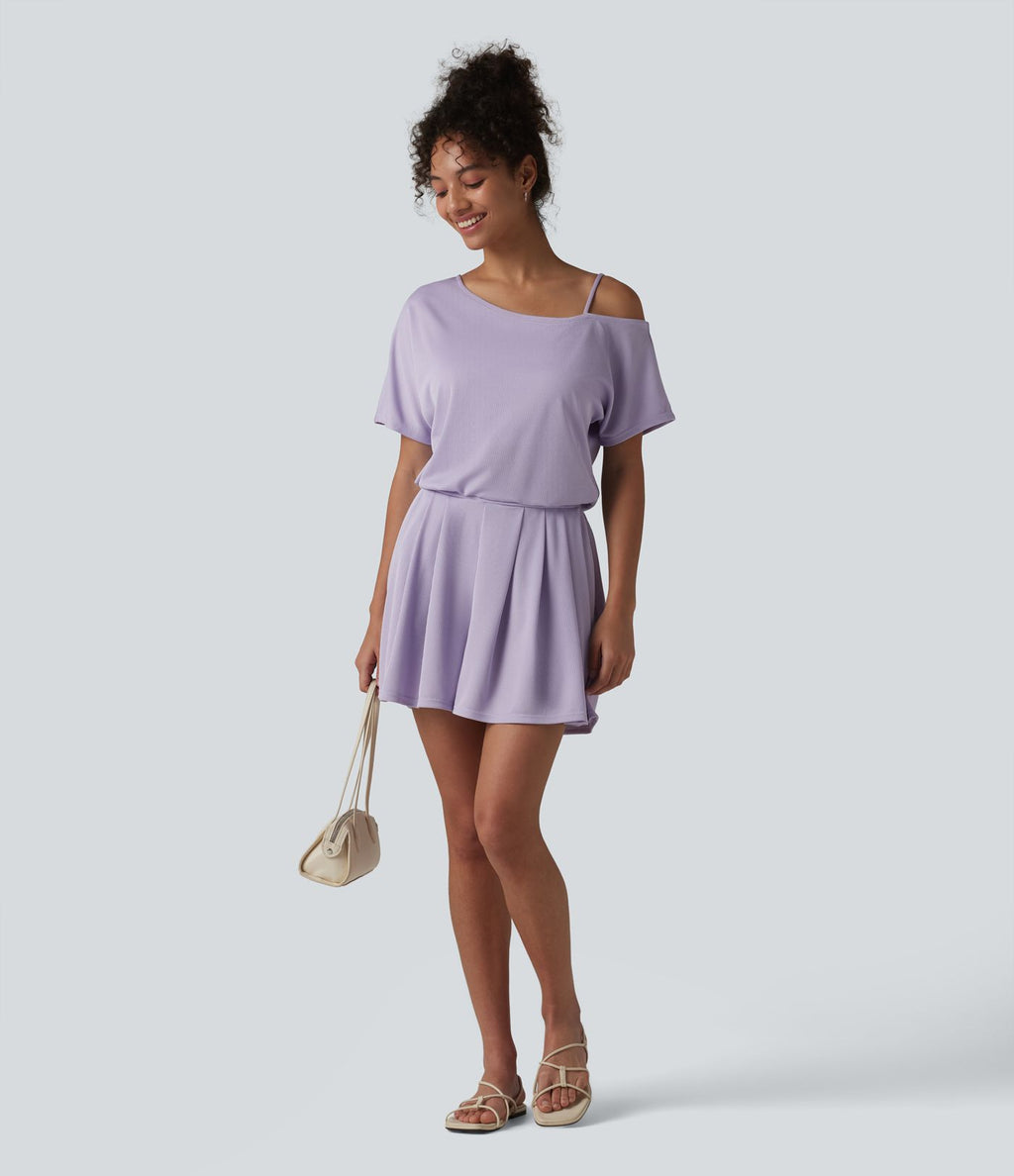 Combishort casual asymétrique manches courtes plissé en nid d'abeille avec poches - Édition Easy Peasy