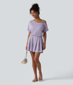 Combishort casual asymétrique manches courtes plissé en nid d'abeille avec poches - Édition Easy Peasy