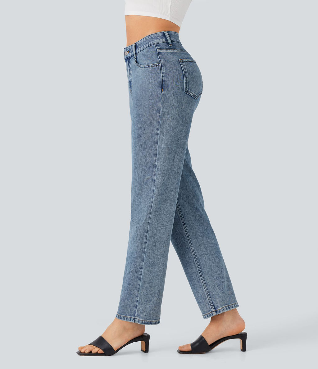 Halara Flex™ Jean droit extensible à taille haute avec bouton, fermeture éclair et poches multiples