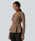 Veste daim col V ourlet à volants manches longues