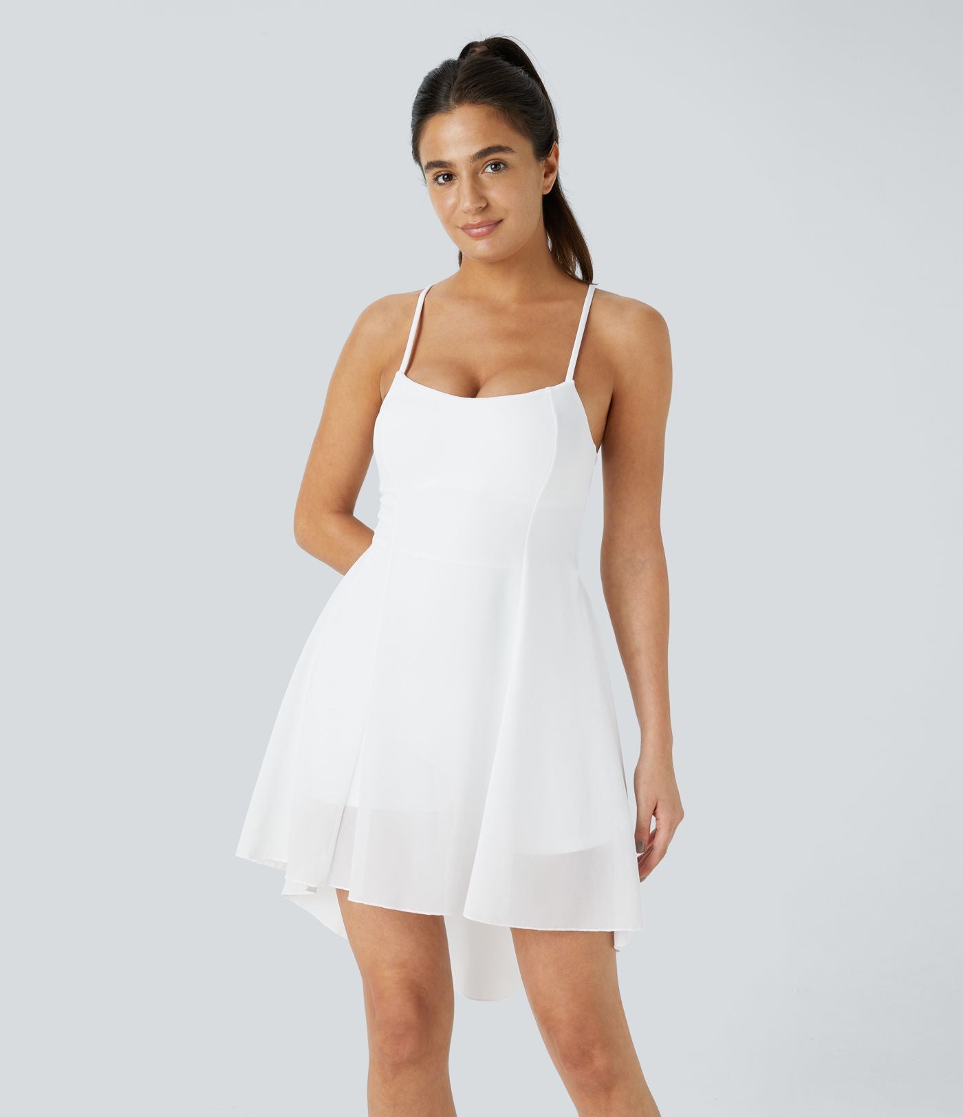 Robe de sport danse mini 2-en-1 laçage asymétrique résille contrastante fluide avec poche A-D