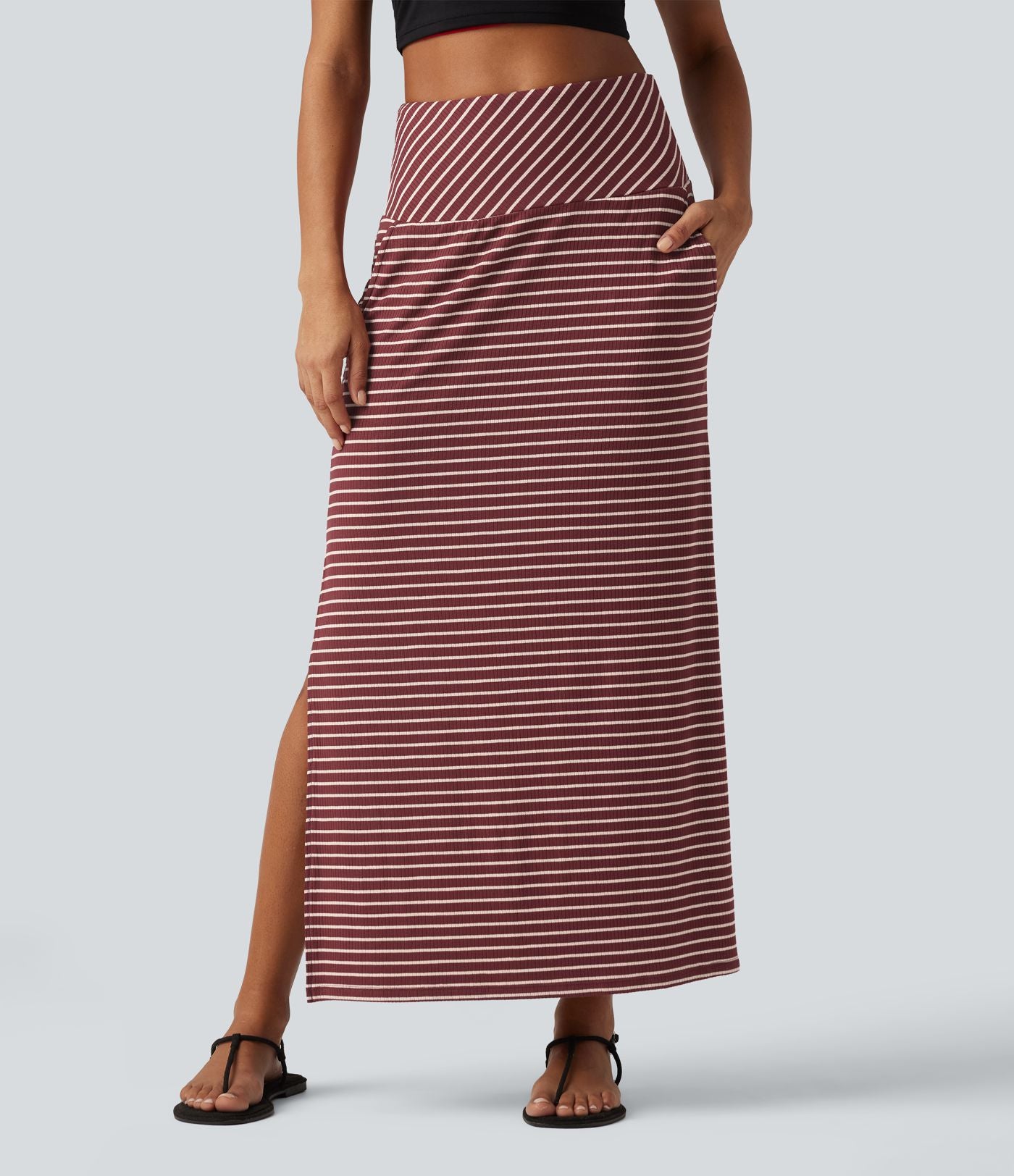 Jupe longue casual gainante taille haute à rayures et fente avec poches