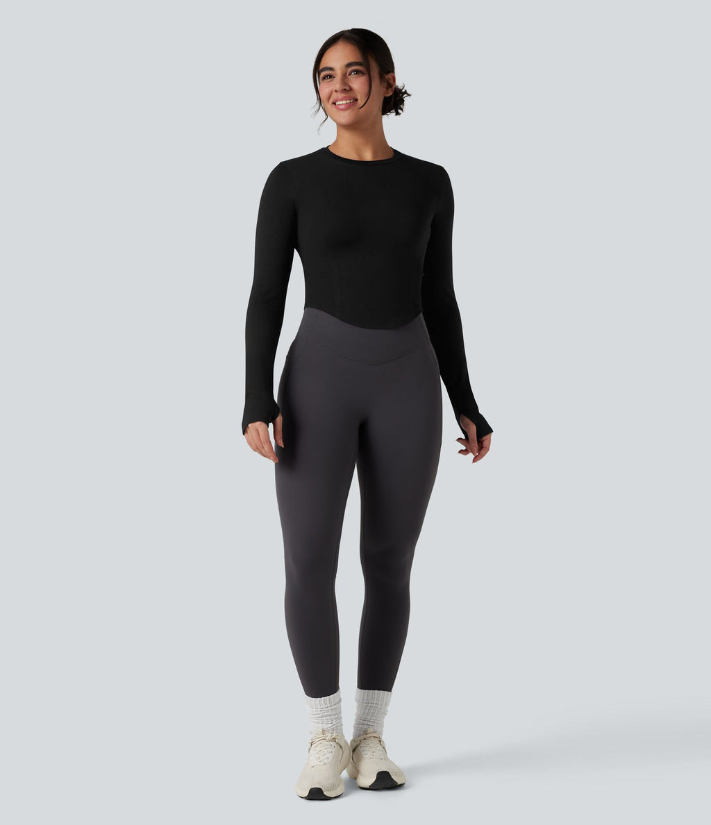 Haut de sport yoga col rond à manches longues avec passants pouces et ourlet arrondi sans couture Seamless Flow