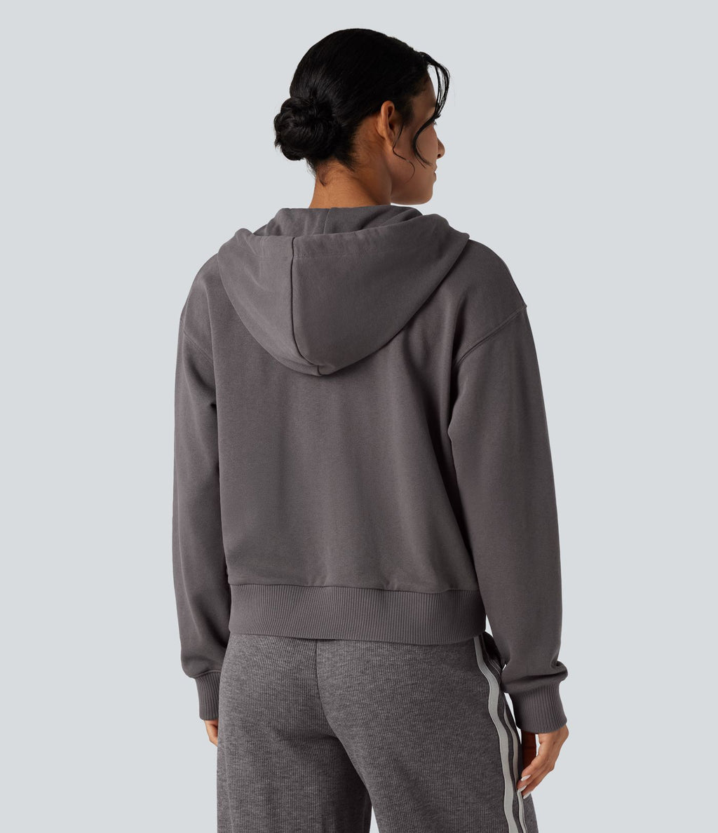 Sweat-shirt coton décontracté à capuche avec fermeture éclair et poches
