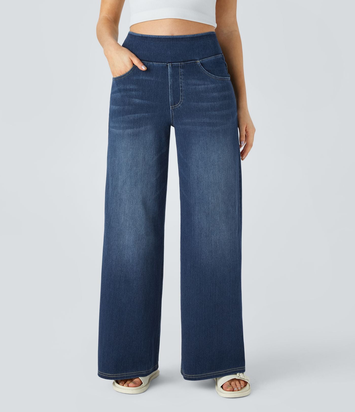 Halara Flex™ Jean Large Casual Taille Haute Poches Multiples Tricot Extensible Délavé